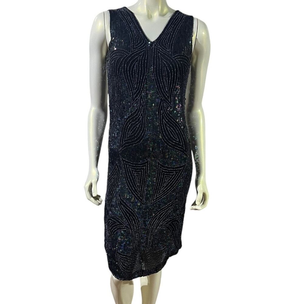 Vintage 80s Black Silk Beaded Sequin Cocktail Dress Art Deco Small